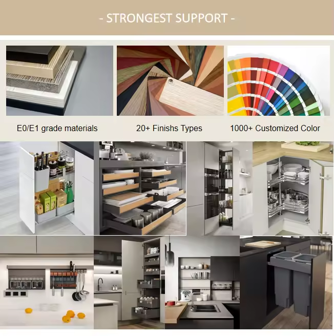 This is the strongest support of us for our customers,we haev difference materials,difference finishs types of cabinets,difference color chocies of cabinets,and all kinds of kitchen baskets and accessories for our customer to make its kitchen more functional and meet customer's specific requirements.