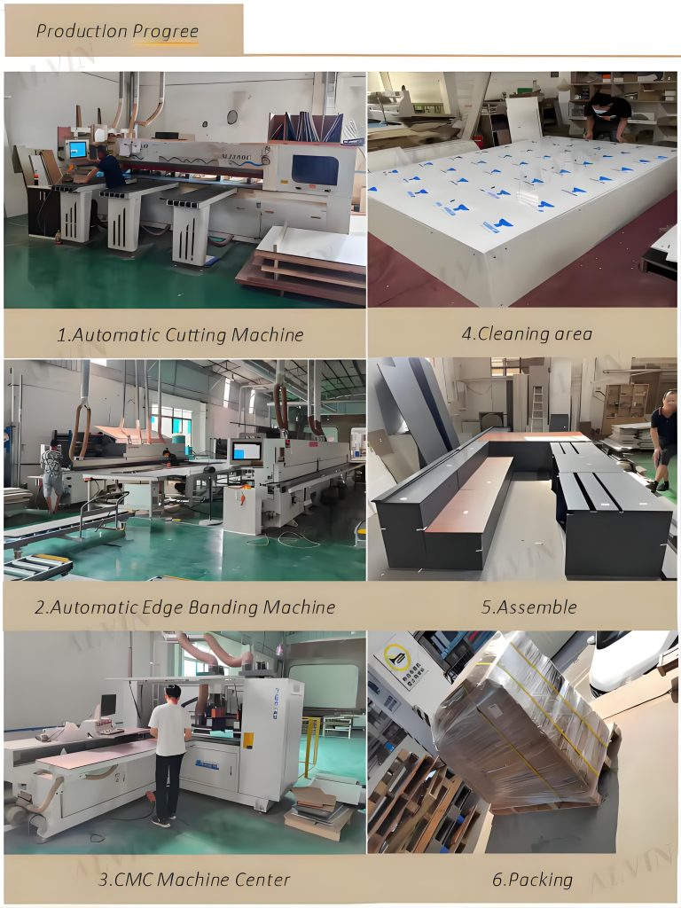 This is the production progress that we wanna to show with our customer.first step we will use the automatic cutting machines to cut the boards with specific size of customer's cabinets,and the next step it is use our advance automatic edgebanding machine do the prefect edgebanding for all the boards of the cabinets,and the third step we will use the CMC machine to do the specific sharp on door panel base on requirement of the customers,after produce done we will do the clean for all the cabinets,and we will assemble the cabinets and go into inspection progress to take the videos and pictures for our customers to check the quality,also make sure what we produce it is the same with what he want.And after do the inspection progress,we will do the solid package for cabinets that we produce for our customers,and then arrange shipment to them.